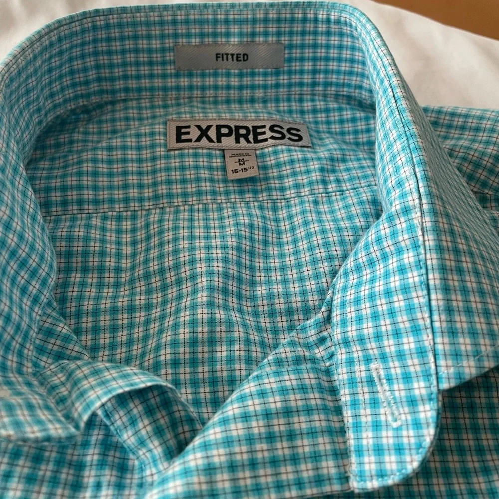 Express Turquoise & White Plaid Men’s Long-Sleeved Shirt, Sz M - Picture 6 of 6